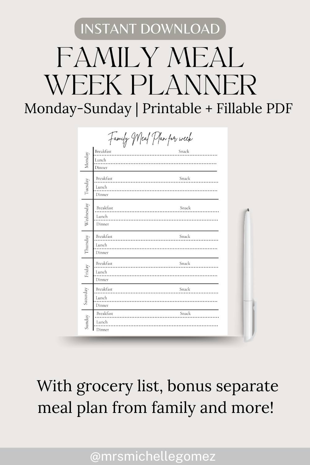 Instant Download: Family Meal Planner for busy parents